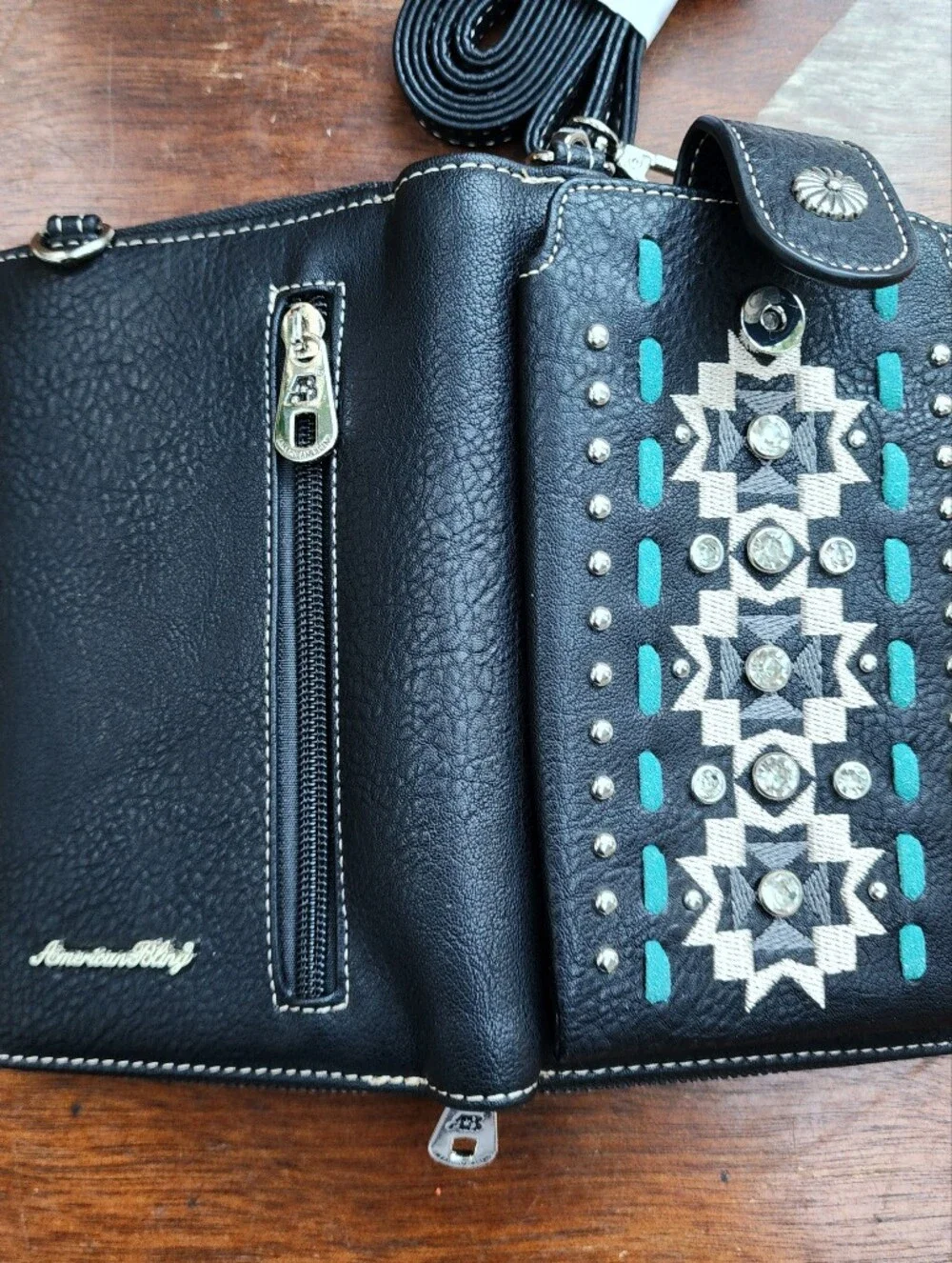 NWOT American Bling Montana West Aztec Embroidered Crossbody Wallet Purse Black